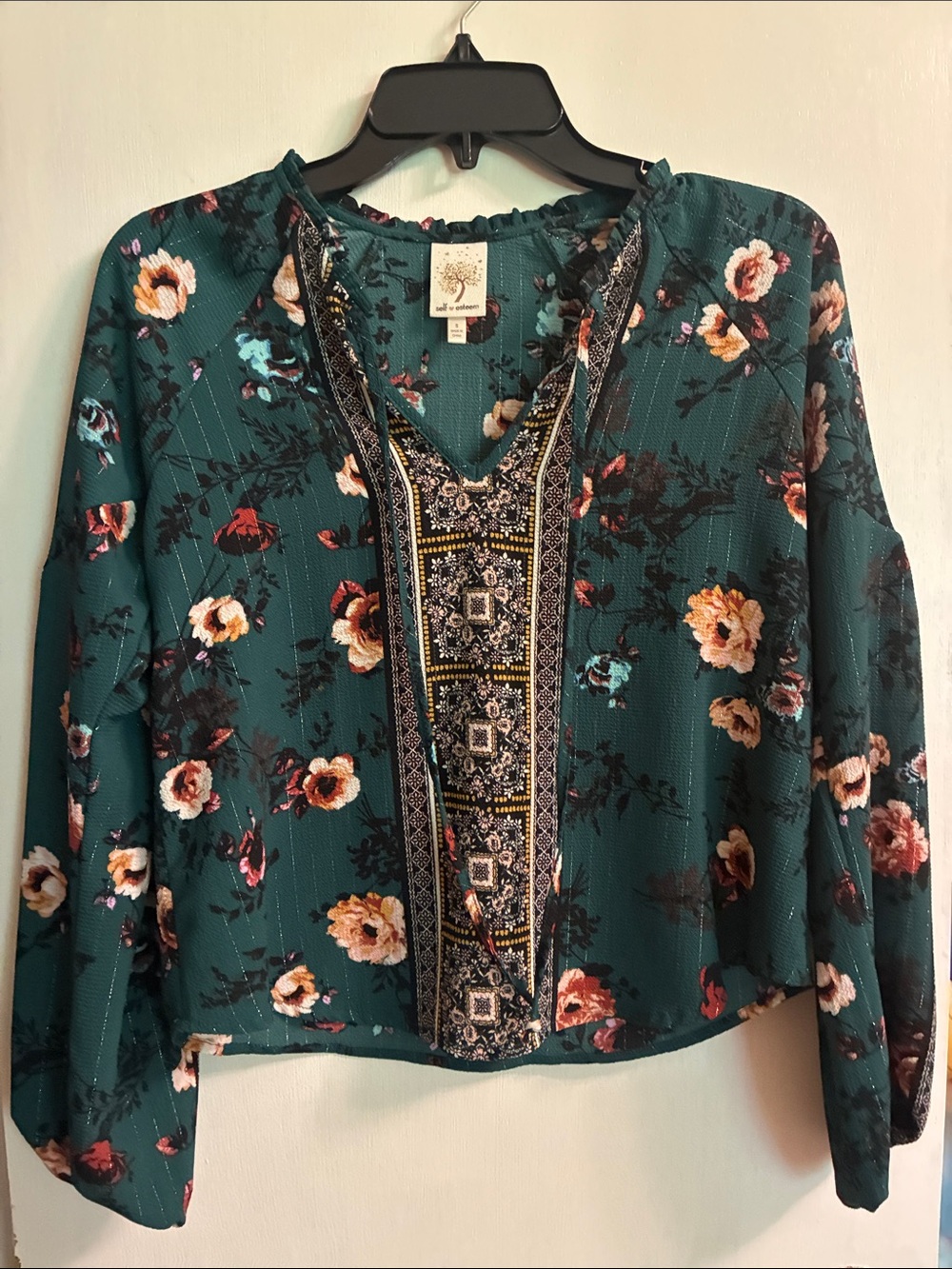 Self Esteem Teal Floral V-Neck Boho Blouse